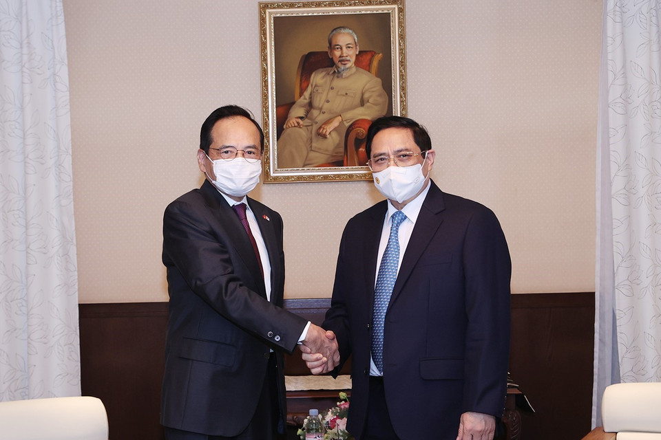 Hình ảnh Thủ tướng Phạm Minh Chính tiếp ông Motoya Okada, Chủ tịch Hội đồng Quản trị Tập đoàn AEON. (Ảnh: Dương Giang/TTXVN)