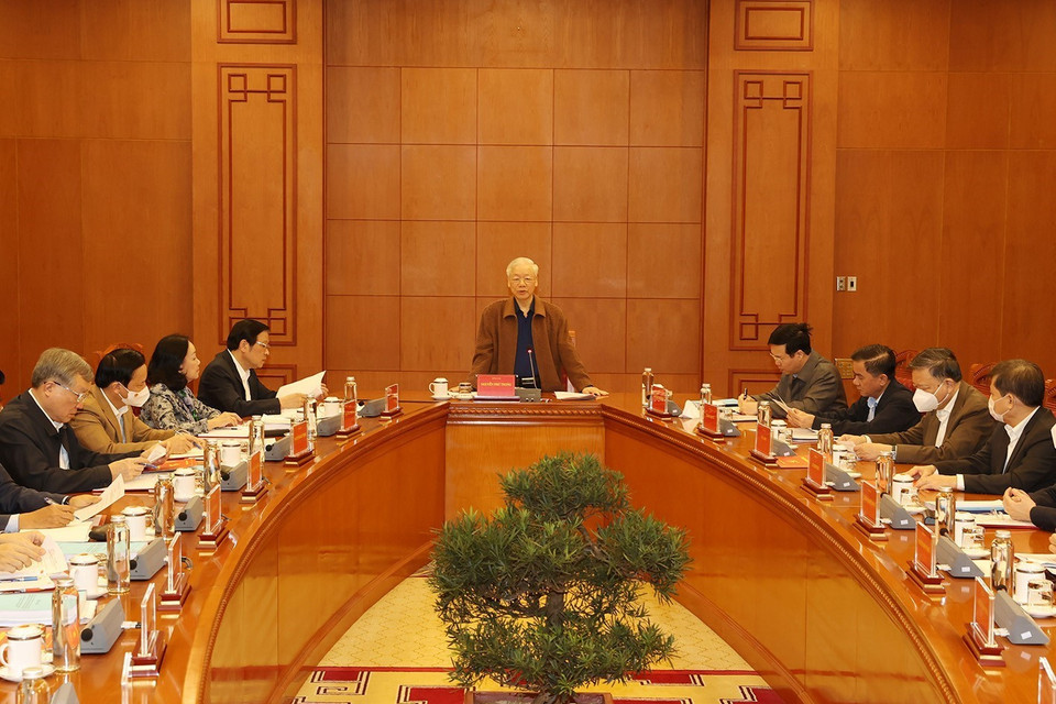 Tổng Bí thư Nguyễn Phú Trọng, Trưởng Ban Chỉ đạo thảo luận, cho ý kiến xử lý đối với một số vụ án, vụ việc thuộc diện Ban Chỉ đạo theo dõi, chỉ đạo; việc sửa đổi, bổ sung Quy chế làm việc và Quyết định phân công nhiệm vụ thành viên Ban Chỉ đạo. (Ảnh: Trí Dũng/TTXVN)