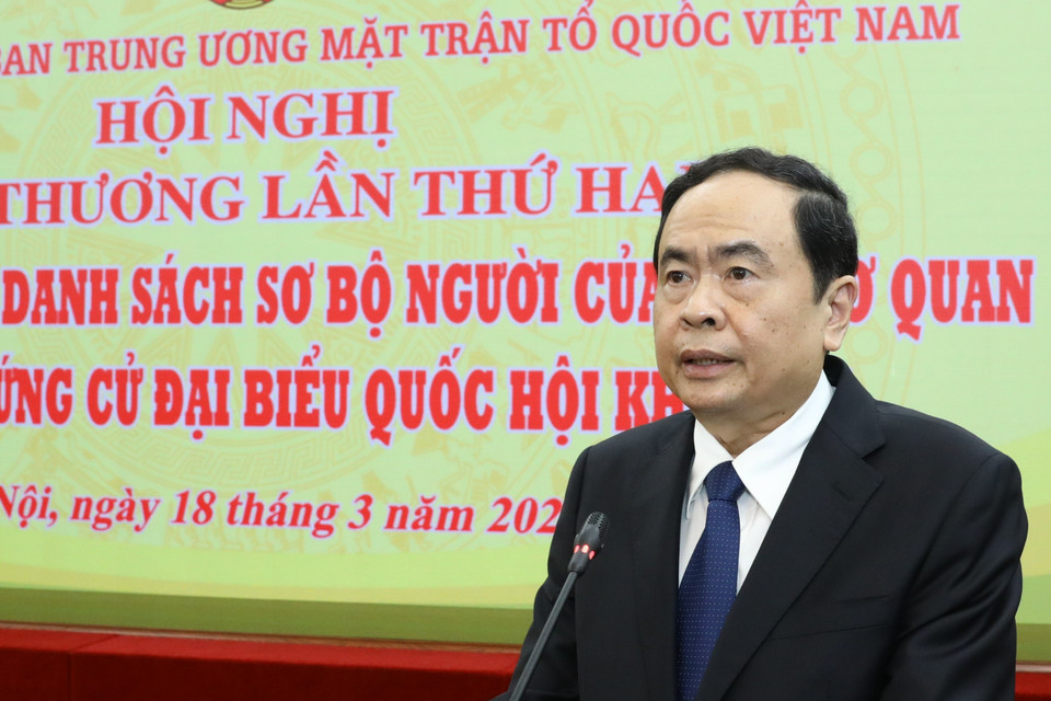 Ông Trần Thanh Mẫn, Ủy viên Bộ Chính trị, Chủ tịch Ủy ban Trung ương Mặt trận Tổ quốc Việt Nam, Phó Chủ tịch Hội đồng Bầu cử Quốc gia phát biểu khai mạc hội nghị. (Ảnh: Văn Điệp/TTXVN)