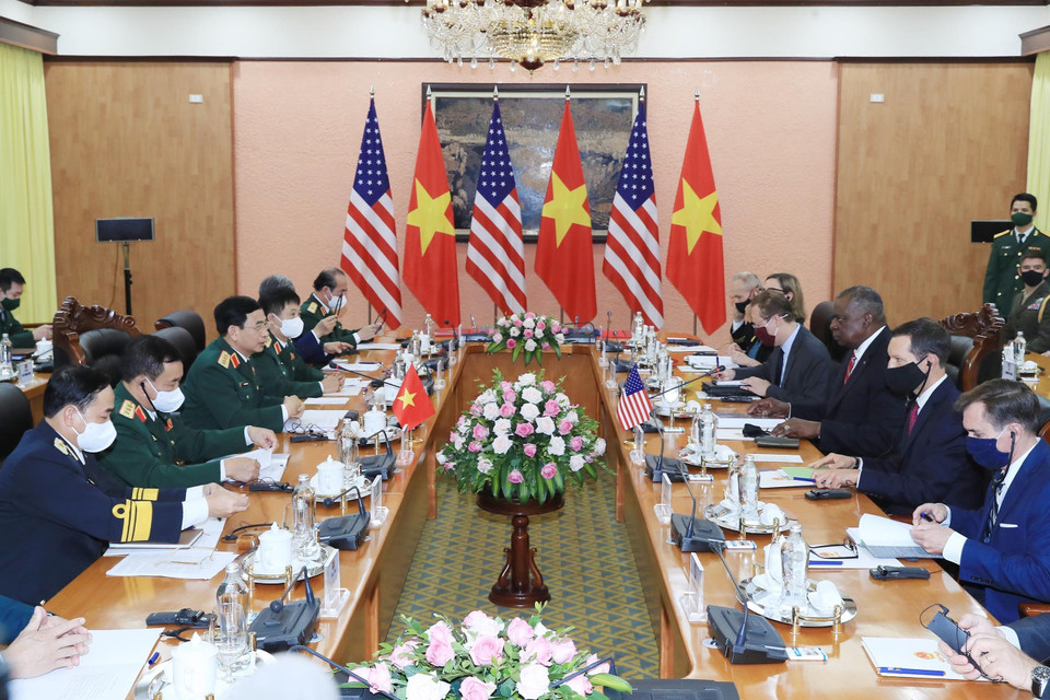 Đại tướng Phan Văn Giang, Bộ trưởng Bộ Quốc phòng hội đàm với Bộ trưởng Quốc phòng Hoa Kỳ Lloyd Austin. (Ảnh: Trọng Đức/TTXVN)