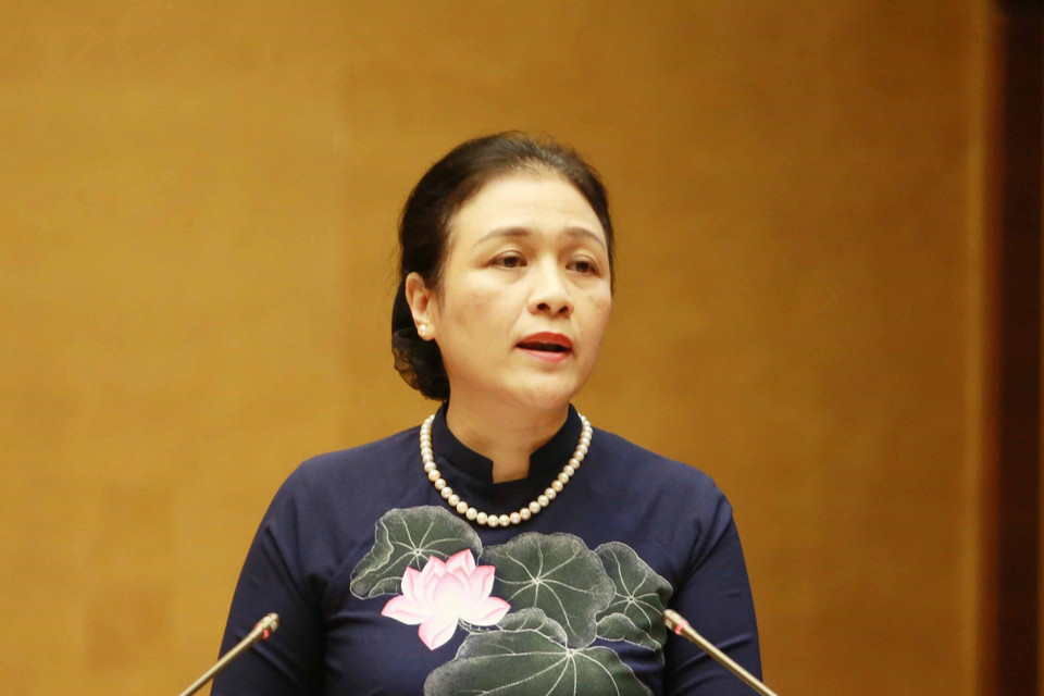 Chủ tịch Liên hiệp các tổ chức hữu nghị Việt Nam Nguyễn Phương Nga trình bày tham luận tại hội nghị. (Ảnh: Phương Hoa/TTXVN)