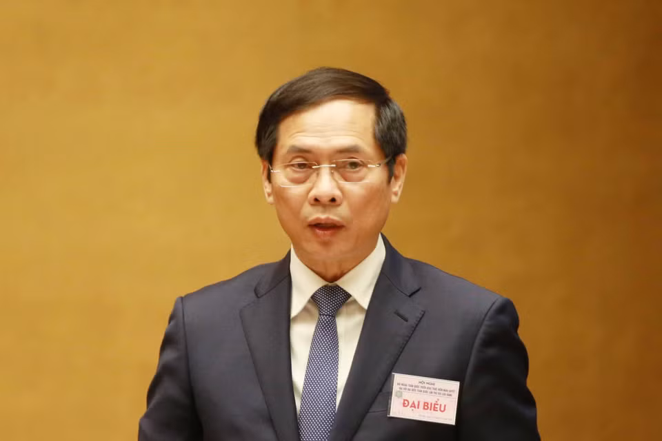 Ông Bùi Thanh Sơn, Ủy viên Trung ương Đảng, Bộ trưởng Bộ Ngoại giao trình bày tham luận tại hội nghị. (Ảnh: Phương Hoa/TTXVN)