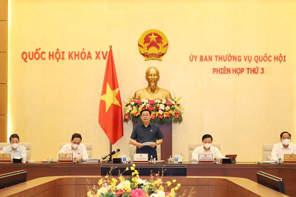 Hình ảnh Chủ tịch Quốc hội Vương Đình Huệ phát biểu khai mạc. (Ảnh: Trọng Đức/TTXVN