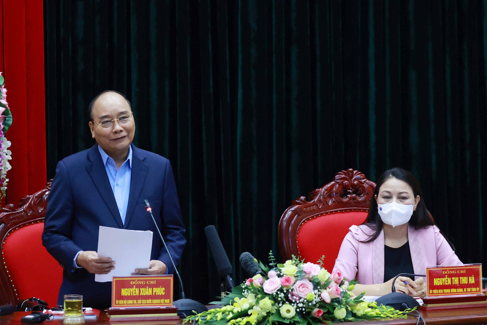 Chủ tịch nước Nguyễn Xuân Phúc phát biểu tại buổi làm việc. (Ảnh: Thống Nhất/TTXVN)