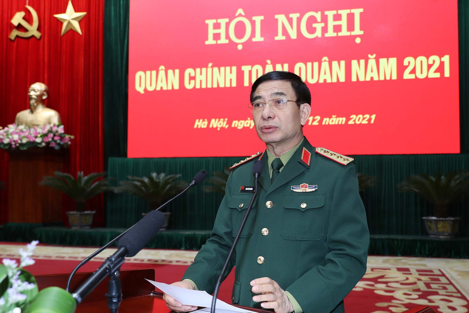 Đại tướng Phan Văn Giang, Bộ trưởng Bộ Quốc phòng phát biểu. (Ảnh: Trọng Đức/TTXVN)