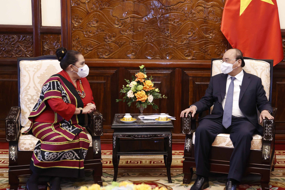 Chủ tịch nước Nguyễn Xuân Phúc tiếp bà Maria Olandina Isabel Caeiro Alves, Đại sứ Timor Leste tại Việt Nam. (Ảnh: Thống Nhất/TTXVN)