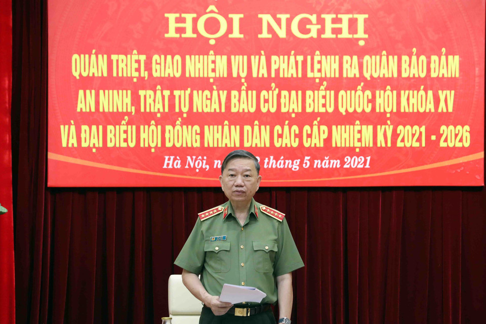 Đại tướng Tô Lâm, Bộ trưởng Bộ Công an, Ủy viên Hội đồng Bầu cử quốc gia phát biểu. (Ảnh: Phạm Kiên/TTXVN)
