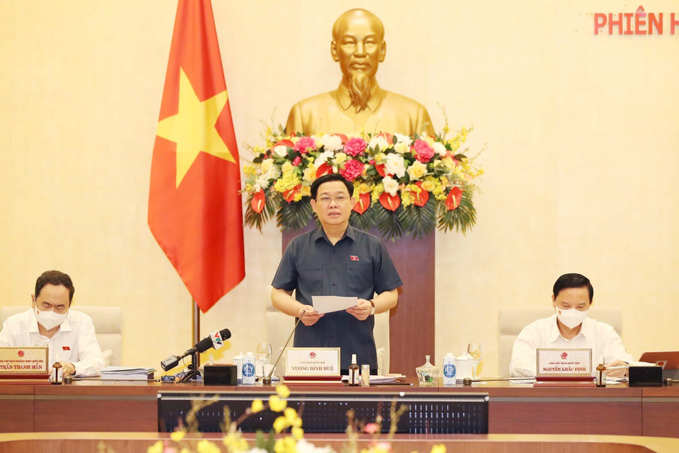 Hình ảnh Chủ tịch Quốc hội Vương Đình Huệ phát biểu khai mạc. (Ảnh: Trọng Đức/TTXVN)