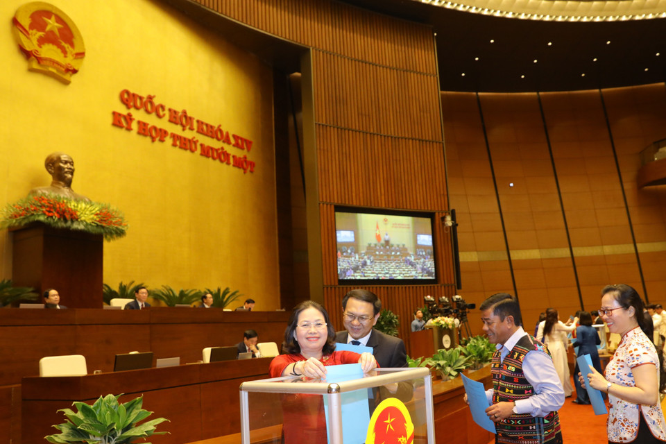 Các đại biểu Quốc hội bỏ phiếu thông qua Nghị quyết phê chuẩn danh sách Phó Chủ tịch và một số Ủy viên Hội đồng Quốc phòng và An ninh. (Ảnh: Văn Điệp/TTXVN)