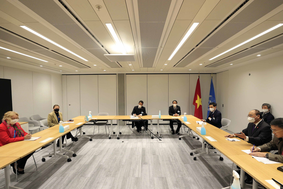 Quang cảnh buổi gặp giữa Chủ tịch nước Nguyễn Xuân Phúc và bà Tatiana Valovaya, Tổng giám đốc Văn phòng Liên hợp quốc tại Geneve. (Ảnh: Thống Nhất/TTXVN)