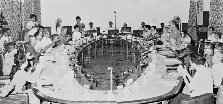 Hội đồng bầu cử Quốc hội thống nhất miền Nam họp lần thứ nhất tại Sài Gòn (từ 2/7/1976 được đổi tên là Thành phố Hồ Chí Minh), ngày 3/3/1976. (Ảnh: TTXVN)