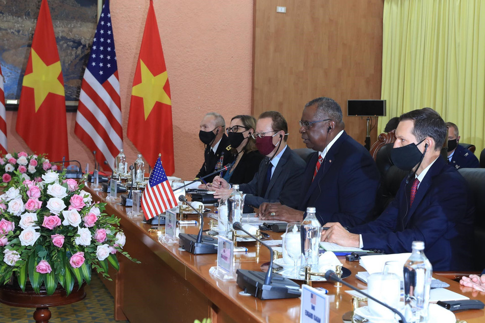 Bộ trưởng Quốc phòng Hoa Kỳ Lloyd Austin tại buổi hội đàm. (Ảnh: Trọng Đức/TTXVN)