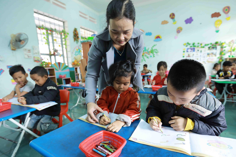 Giờ học của trẻ lớp 5 tuổi, Trường Mầm non xã Ea Knuếc (huyện Krông Pắk) - xã đạt chuẩn nông thôn mới năm 2020. (Ảnh: Vũ Sinh/TTXVN)
