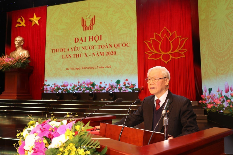 Tổng Bí thư, Chủ tịch nước Nguyễn Phú Trọng phát biểu.chào mừng Đại hội Thi đua yêu nước toàn quốc lần thứ X diễn ra tại Hà Nội, sáng 10/12/2020. (Ảnh: Trí Dũng/TTXVN)