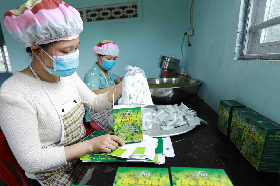 Đóng gói sản phẩm chè bò khai tại xưởng của Hợp tác xã Công Bằng, xã Ea Knuếc (huyện Krông Pắk) - xã đạt chuẩn nông thôn mới năm 2020. (Ảnh: Vũ Sinh/TTXVN)