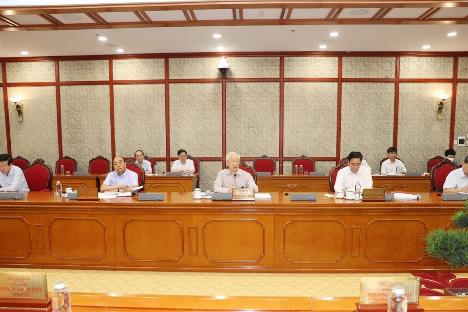 Tổng Bí thư Nguyễn Phú Trọng phát biểu kết luận cuộc họp. (Ảnh: Trí Dũng/TTXVN)