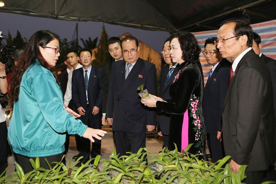 Đoàn đại biểu cấp cao Đảng Lao động Triều Tiên đến thăm mô hình vườn ươm, trồng hoa lan của Hợp tác xã Đan Hoài, huyện Đan Phượng, Hà Nội. (Ảnh: Dương Giang/TTXVN)