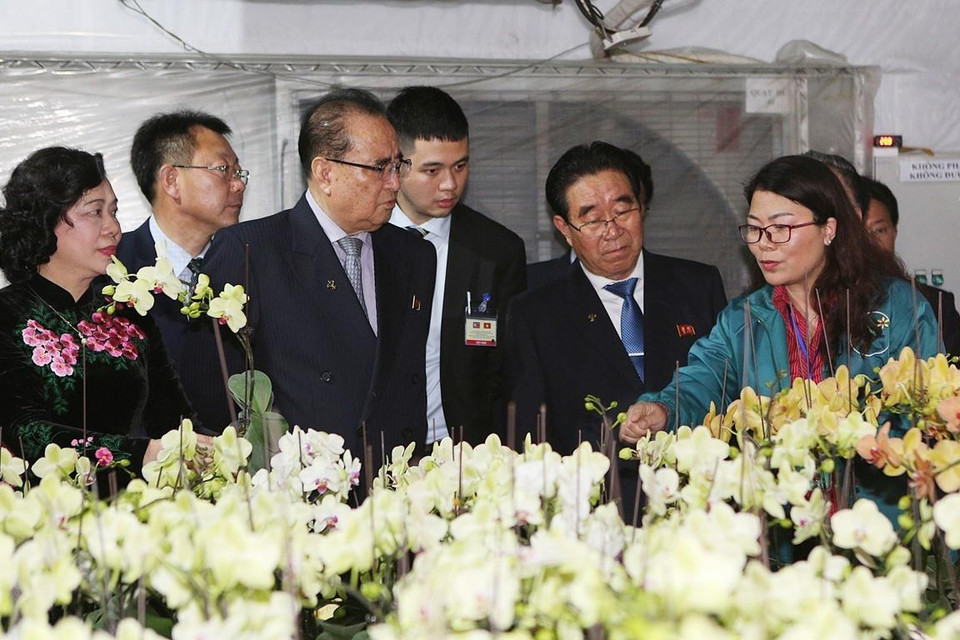 Đoàn đại biểu cấp cao Đảng Lao động Triều Tiên đến thăm mô hình vườn ươm, trồng hoa lan của Hợp tác xã Đan Hoài, huyện Đan Phượng, Hà Nội. (Ảnh: Dương Giang/TTXVN)