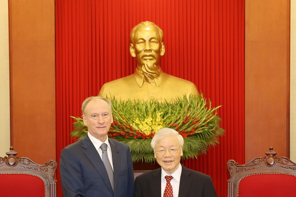 Tổng Bí thư, Chủ tịch nước Nguyễn Phú Trọng tiếp Đại tướng Nikolai Patrushev, Thư ký Hội đồng An ninh Liên bang Nga. (Ảnh: Trí Dũng/TTXVN)