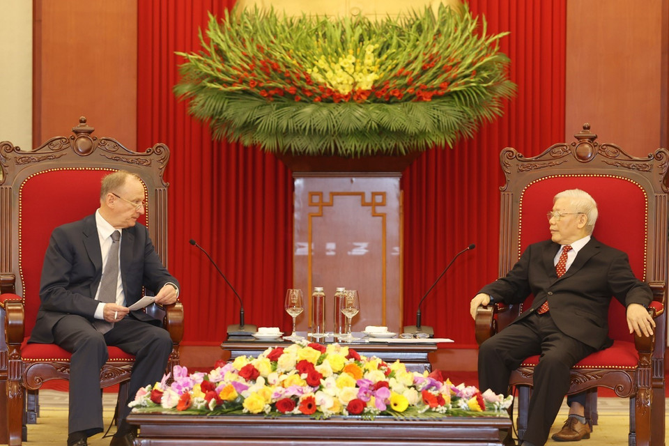 Tổng Bí thư, Chủ tịch nước Nguyễn Phú Trọng tiếp Đại tướng Nikolai Patrushev, Thư ký Hội đồng An ninh Liên bang Nga. (Ảnh: Trí Dũng/TTXVN)