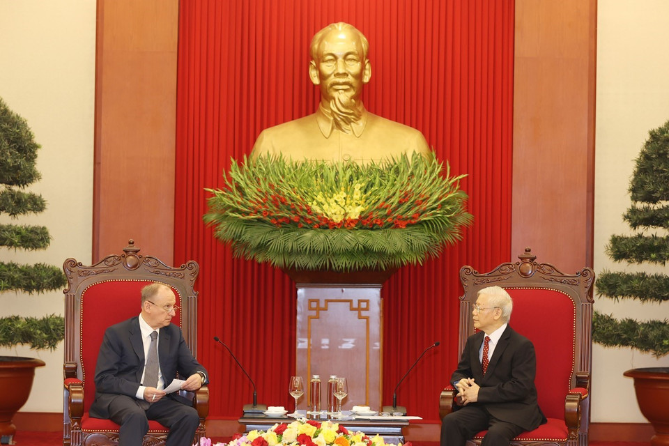 Tổng Bí thư, Chủ tịch nước Nguyễn Phú Trọng tiếp Đại tướng Nikolai Patrushev, Thư ký Hội đồng An ninh Liên bang Nga. (Ảnh: Trí Dũng/TTXVN)