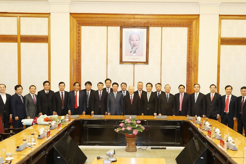 Tổng Bí thư, Chủ tịch nước Nguyễn Phú Trọng và các đại biểu dự buổi lễ. (Ảnh: Trí Dũng/TTXVN)