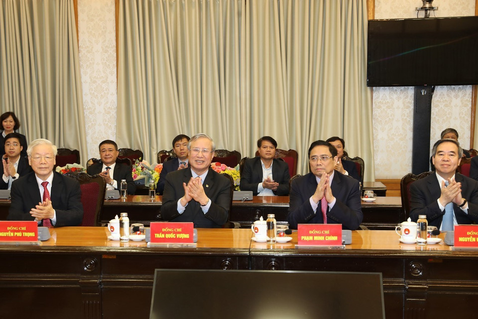 Tổng Bí thư, Chủ tịch nước Nguyễn Phú Trọng và các đại biểu dự buổi lễ. (Ảnh: Trí Dũng/TTXVN)