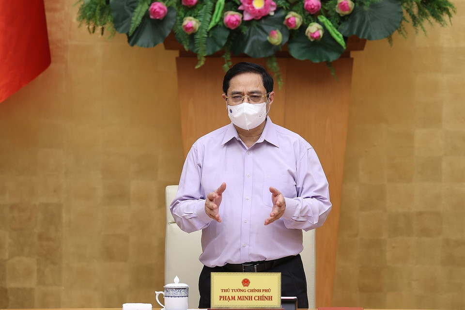 Thủ tướng Phạm Minh Chính chủ trì Hội nghị trực tuyến toàn quốc về phòng, chống dịch COVID-19. (Ảnh: Dương Giang/TTXVN)