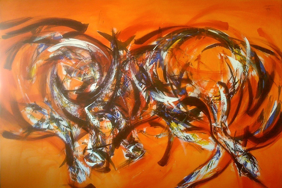 Tranh 'Nhịp điệu' do họa sỹ Hùng sáng tác. (Ảnh: Văn Dũng/TTXVN)