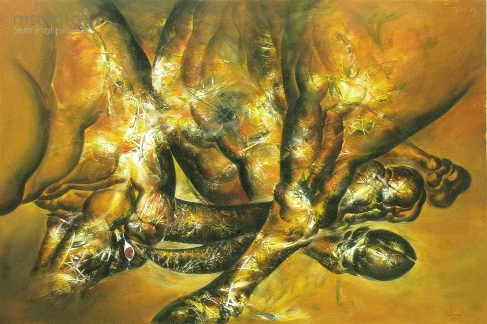  Tranh 'Sức mạnh chiến đấu' do họa sỹ Hùng sáng tác. (Ảnh: Văn Dũng/TTXVN)