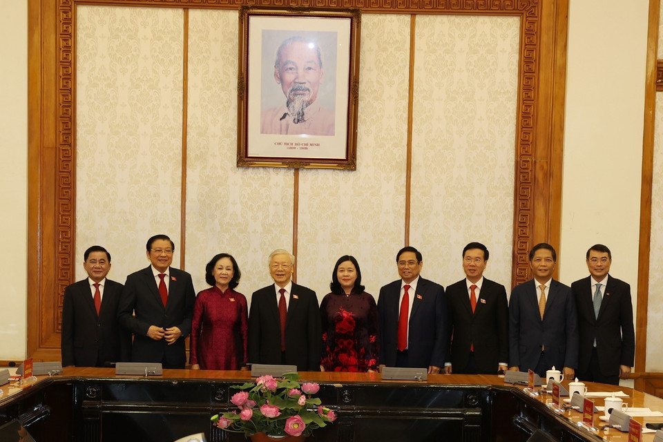 Tổng Bí thư Nguyễn Phú Trọng, Thủ tướng Phạm Minh Chính, Thường trực Ban Bí thư Võ Văn Thưởng và các đại biểu dự buổi lễ. (Ảnh: Trí Dũng/TTXVN)