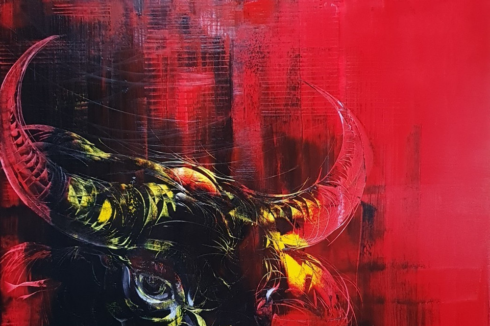 Tranh 'Tự sự' do họa sỹ Hùng sáng tác. (Ảnh: Văn Dũng/TTXVN)