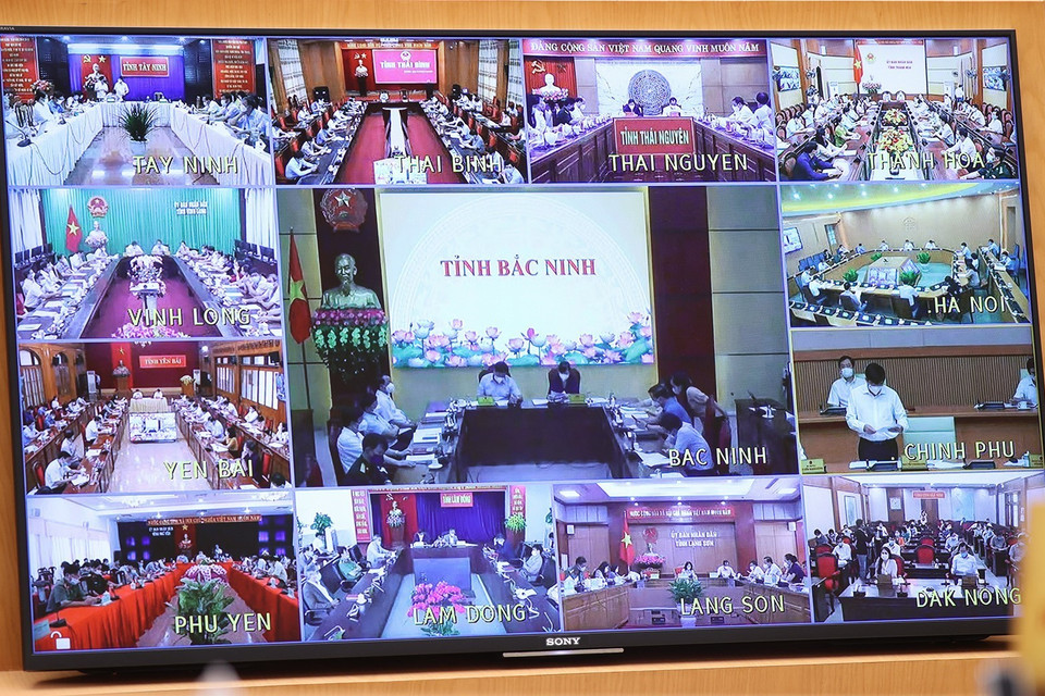 Hội nghị trực tuyến toàn quốc về tình hình, giải pháp cấp bách phòng, chống dịch COVID-19 tại các điểm cầu. (Ảnh: Dương Giang/TTXVN)