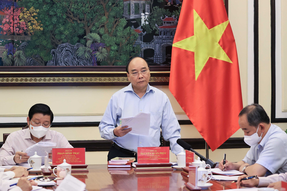 Chủ tịch nước Nguyễn Xuân Phúc, Trưởng ban Cải cách Tư pháp Trung ương phát biểu. (Ảnh: Thống Nhất/TTXVN)