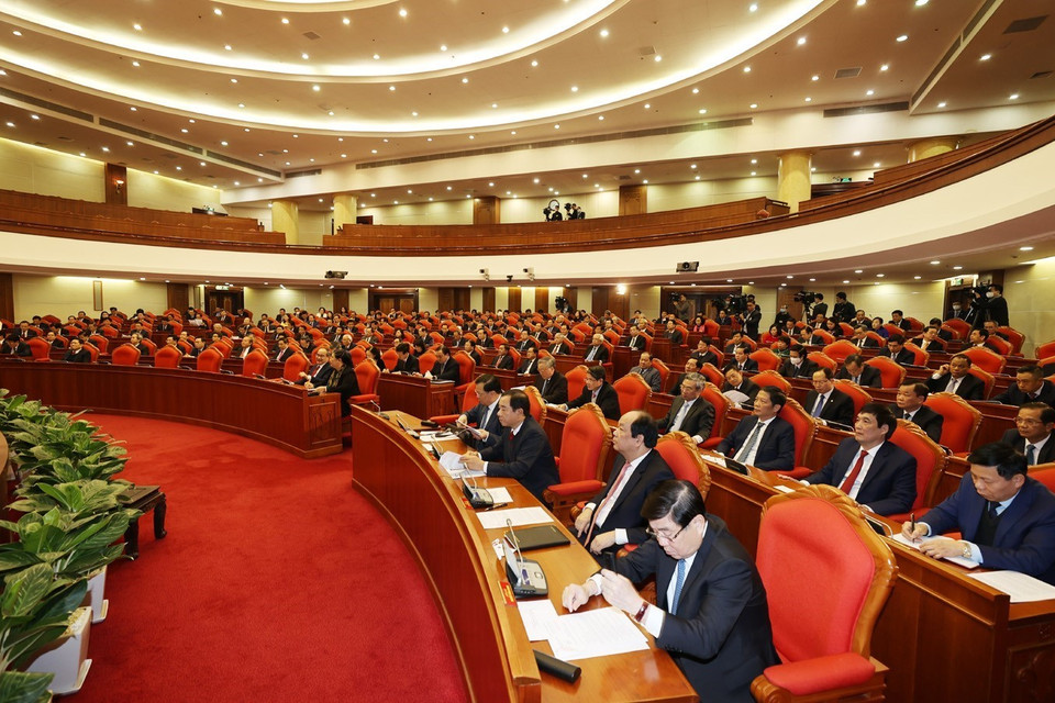 Các đồng chí lãnh đạo Đảng, Nhà nước và các đại biểu dự Hội nghị. (Ảnh: Trí Dũng/TTXVN)