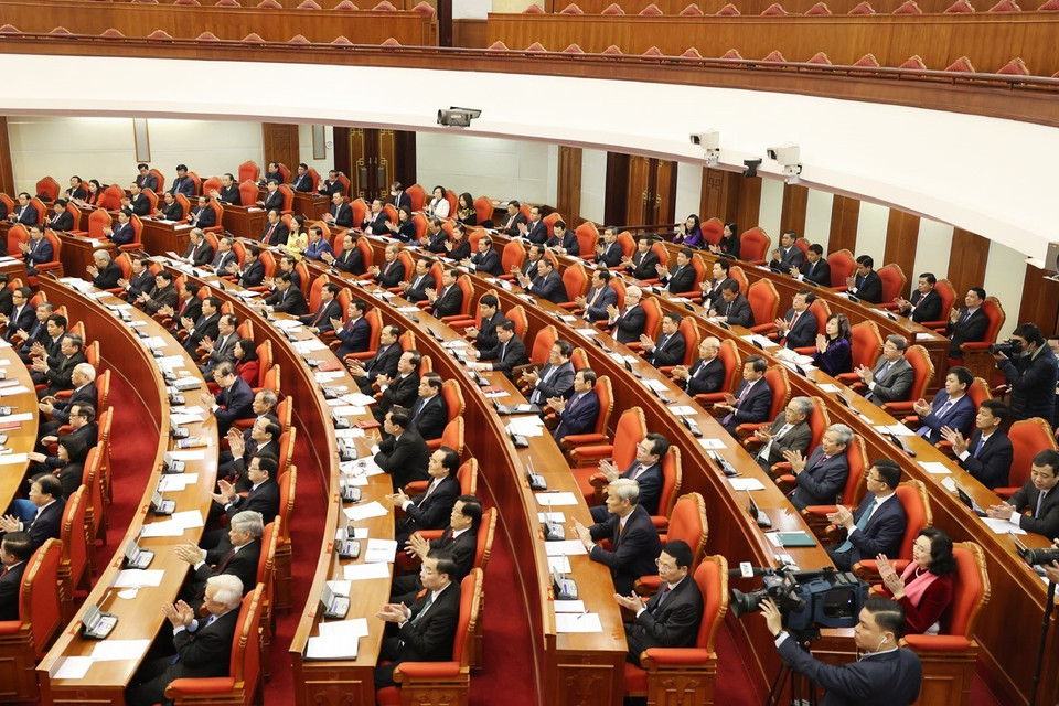 Các đồng chí lãnh đạo Đảng, Nhà nước và các đại biểu dự Hội nghị. (Ảnh: Trí Dũng/TTXVN)