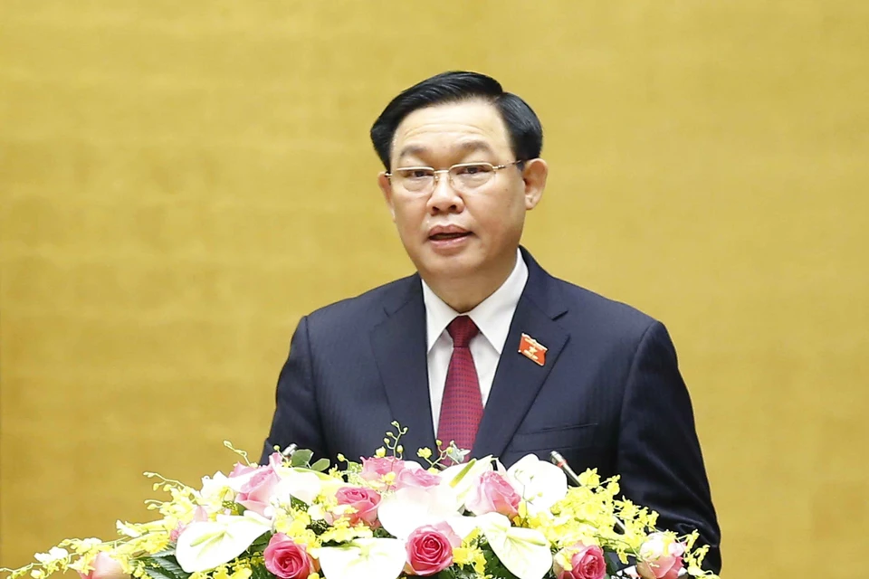 Chủ tịch Quốc hội Vương Đình Huệ, Chủ tịch Hội đồng Bầu cử quốc gia chủ trì Hội nghị. (Ảnh: Doãn Tấn/TTXVN)