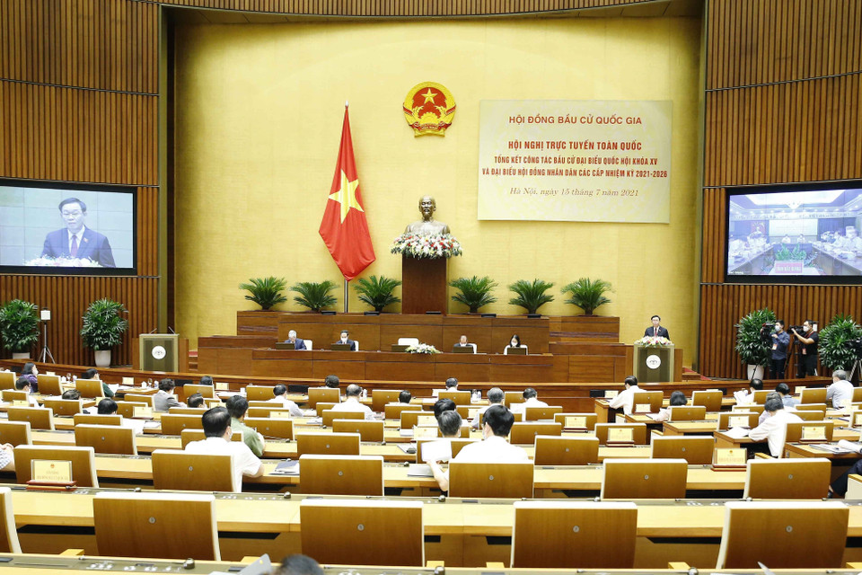 Quang cảnh Hội nghị trực tuyến toàn quốc tổng kết công tác bầu cử đại biểu Quốc hội khóa XV và đại biểu Hội đồng Nhân dân các cấp nhiệm kỳ 2021-2026. (Ảnh: Doãn Tấn/TTXVN)