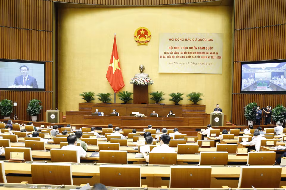 Quang cảnh Hội nghị trực tuyến toàn quốc tổng kết công tác bầu cử đại biểu Quốc hội khóa XV và đại biểu Hội đồng Nhân dân các cấp nhiệm kỳ 2021-2026. (Ảnh: Doãn Tấn/TTXVN)