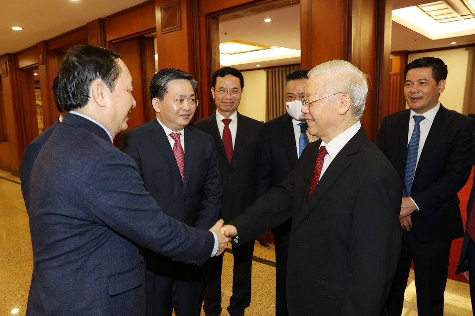 Tổng Bí thư Nguyễn Phú Trọng cùng các lãnh đạo Đảng, Nhà nước và các đại biểu dự Hội nghị. (Ảnh: Trí Dũng/TTXVN)