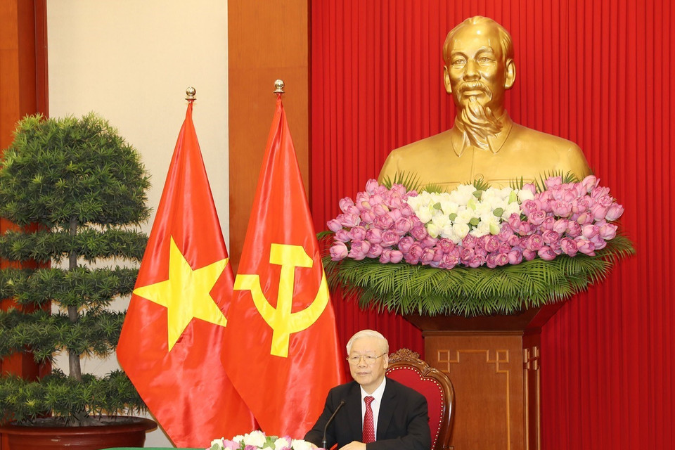 Tổng Bí thư Nguyễn Phú Trọng điện đàm trực tiếp với Tổng thống Sri Lanka Gotabaya Rajapaksa. (Ảnh: Trí Dũng/TTXVN)