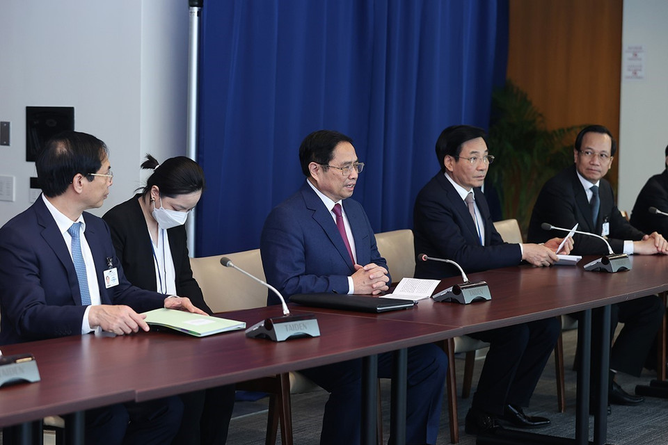 Thủ tướng Phạm Minh Chính phát biểu tại cuộc gặp bà Amina J. Mohamed, Phó Tổng Thư ký Liên hợp quốc. (Ảnh: Dương Giang/TTXVN)