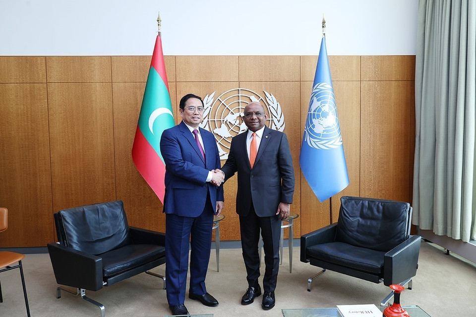 Chiều 16/5/2022 (giờ địa phương), tại New York (Hoa Kỳ), Thủ tướng Phạm Minh Chính gặp ông Abdulla Shahid, Chủ tịch Đại hội đồng Liên hợp quốc. (Ảnh: Dương Giang/TTXVN)