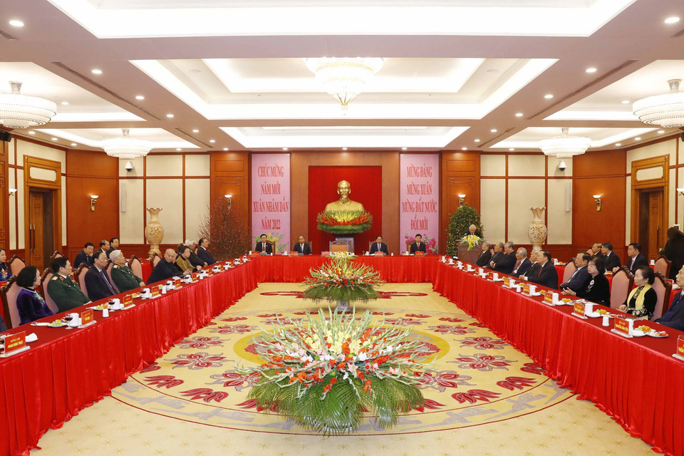 Nhân dịp Xuân Nhâm Dần 2022, sáng 29/1, tại Trụ sở Trung ương Đảng, Tổng Bí thư Nguyễn Phú Trọng chúc Tết các lãnh đạo lão thành cách mạng, các lãnh đạo, nguyên lãnh đạo Đảng, Nhà nước, Mặt trận Tổ quốc Việt Nam, các bộ lãnh đạo một số cơ quan Trung ương và Hà Nội. (Ảnh: Phương Hoa/TTXVN)