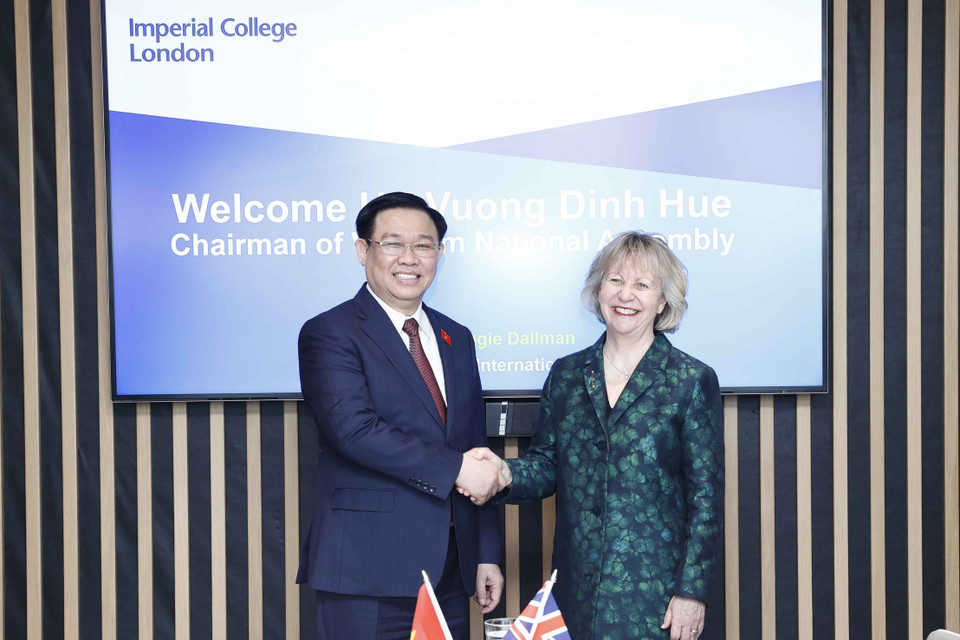 Chủ tịch Quốc hội Vương Đình Huệ tiếp Giáo sư Maggie Dallman, Phó Hiệu trưởng Trường Imperial College London. (Ảnh: Doãn Tấn/TTXVN)