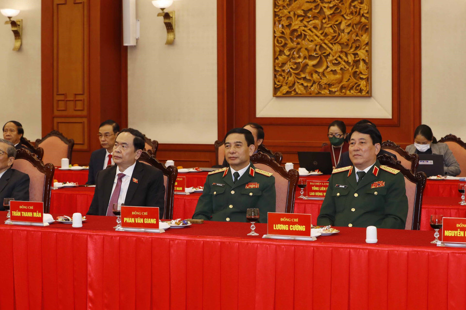 Lãnh đạo Đảng, Nhà nước dự buổi gặp mặt. (Ảnh: Phương Hoa/TTXVN)