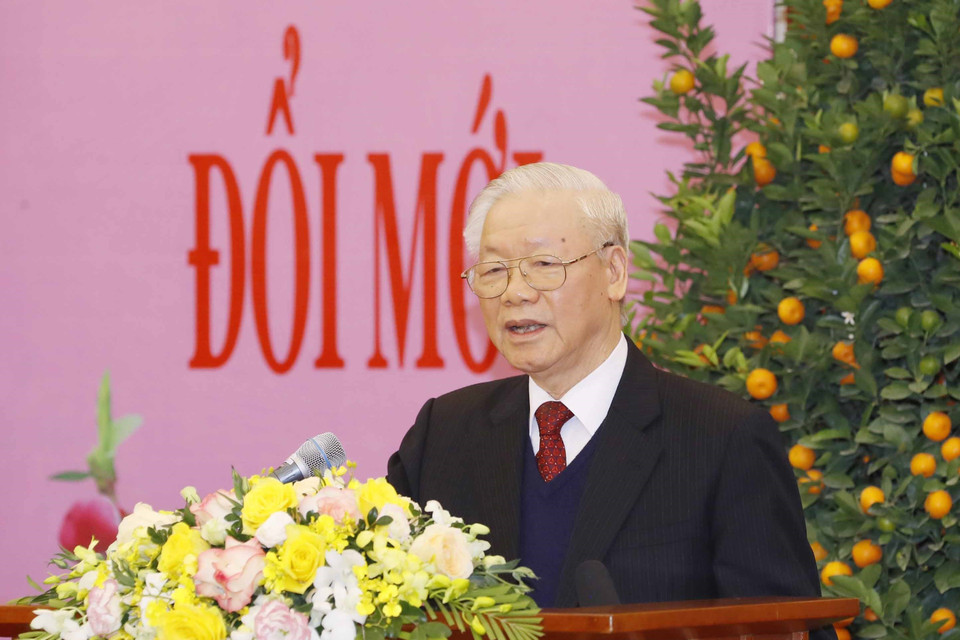 Tổng Bí thư Nguyễn Phú Trọng phát biểu chúc Tết các lãnh đạo, nguyên lãnh đạo Đảng, Nhà nước. (Ảnh: Phương Hoa/TTXVN)