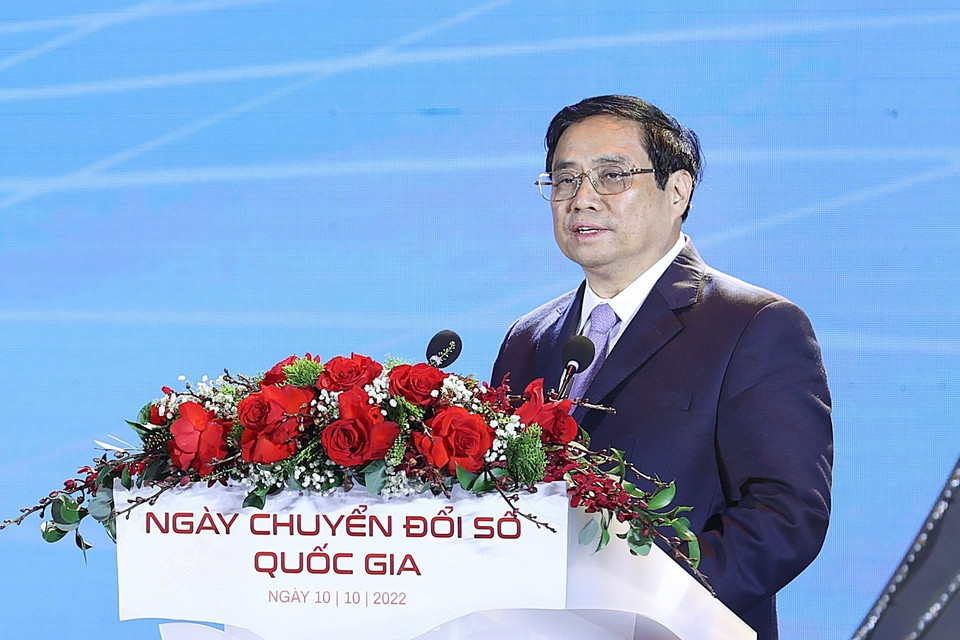 Thủ tướng Phạm Minh Chính gửi Thông điệp nhân Ngày Chuyển đổi số quốc gia năm 2022. (Ảnh: Dương Giang-TTXVN)