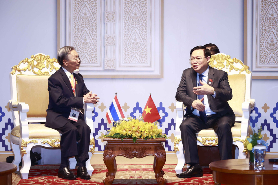 Chủ tịch Quốc hội Vương Đình Huệ gặp Chủ tịch Hạ viện Thái Lan Chuan Leekpai. (Ảnh: Doãn Tấn/TTXVN)