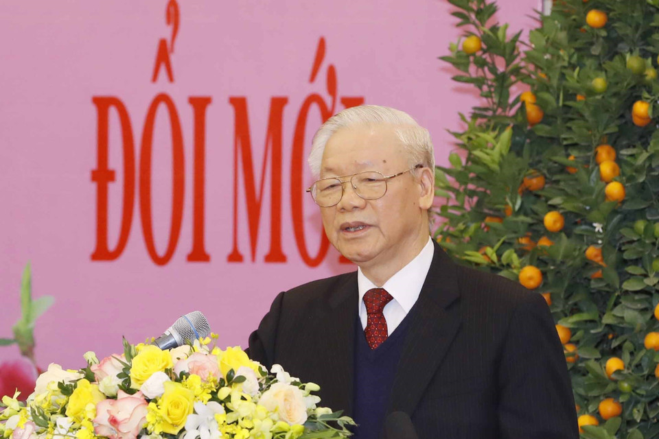 Tổng Bí thư Nguyễn Phú Trọng phát biểu chúc Tết. (Ảnh: Phương Hoa/TTXVN)